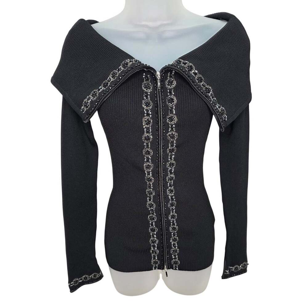 Vintage Y2K 90s Black Gabrielle Solis Cache Off Shoulder Beaded Zip Up Sweater